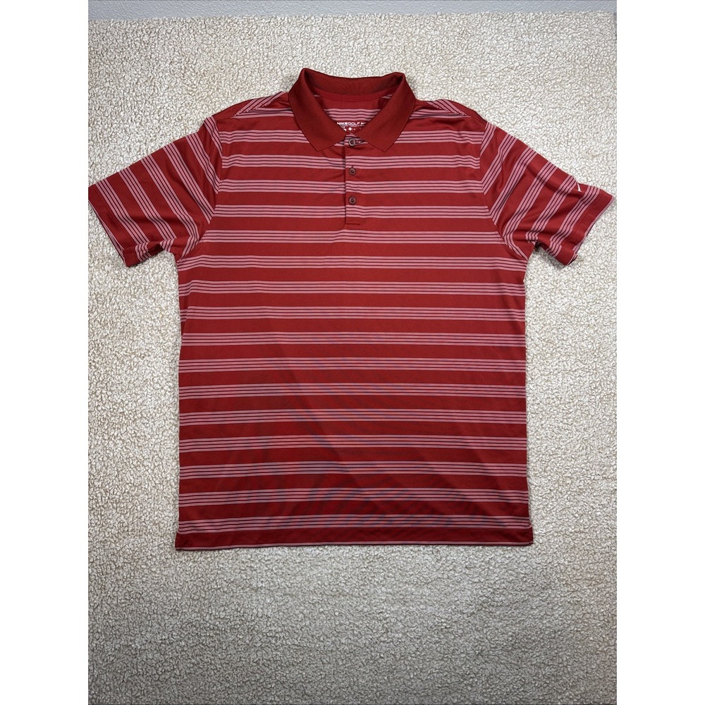 Nike Golf Polo Shirt Mens XL Red White Striped Dri-FIT Short Sleeve Arm Swoosh